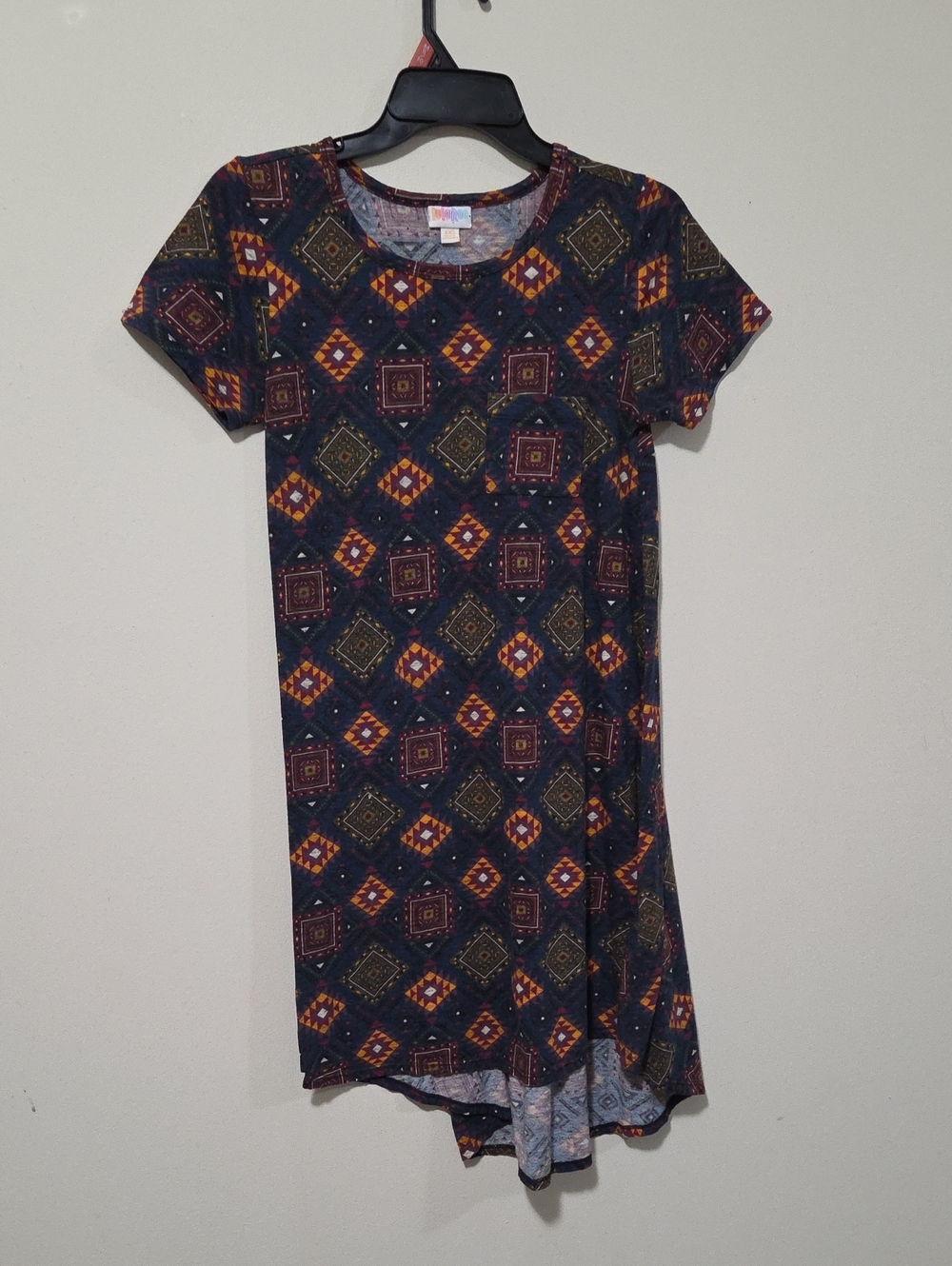 LulaRoe Geometric Print Short Sleeve Dress - Navy with Burgundy & Mustard